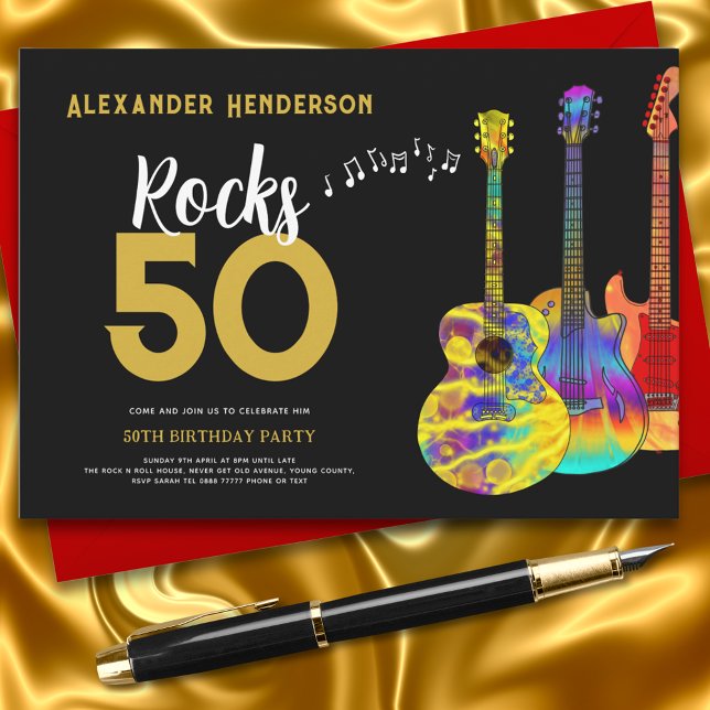 Invitation Fête du 50e anniversaire Rock and Roll (Rock and roll guitar black and gold 50th birthday party invitation )