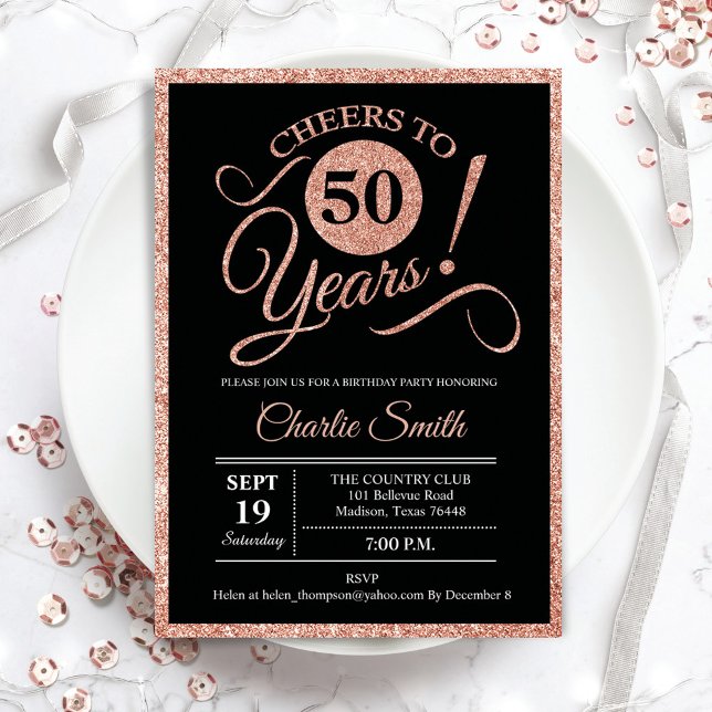 Invitation Fête du 50e anniversaire - Rose Gold Black ANY AGE (Créateur téléchargé)