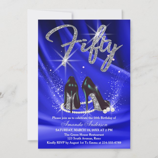 Invitation Fête du 50e anniversaire Velvet Blue and Silver Gl (Devant)