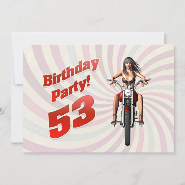 Invitation Fête du 53e anniversaire avec une fille sur une mo (Devant)