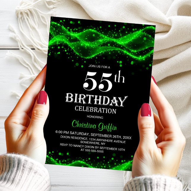 Invitation Fête du 55e anniversaire moderne noir et vert (Créateur téléchargé)