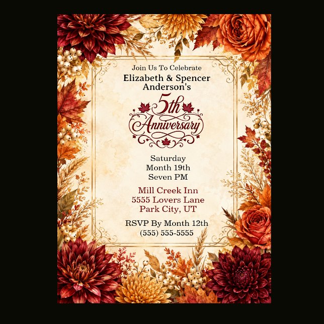 Invitation Fête du 5e Anniversaire Luxueux d'Automne (Luxury Fall 5th Anniversary Party Invitation.)