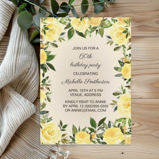 Invitation Fête du 60e anniversaire de la femme Floral Jaune (Yellow floral and greenery women's 60th birthday party invitation)