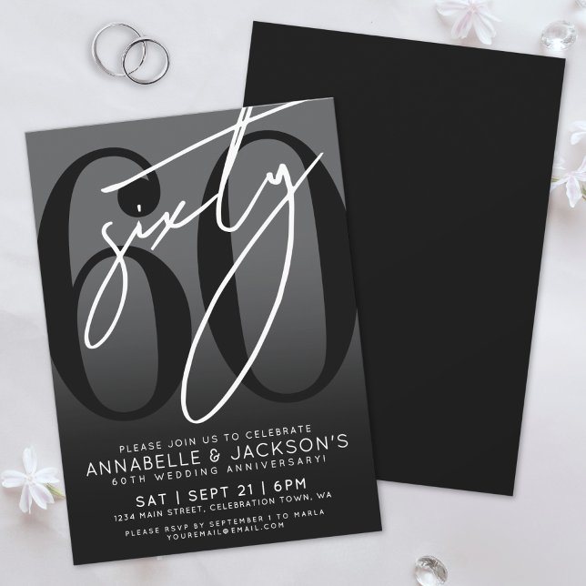 Invitation Fête du 60e anniversaire noir blanc (Black White 60th Anniversary Party Invitation)