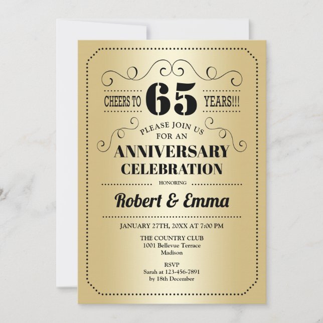 Invitation Fête du 65e anniversaire de mariage - Or Noir (Devant)