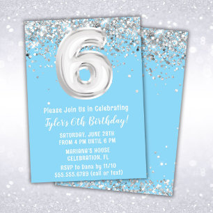 Invitation Fête du 6e anniversaire en argent bleu clair