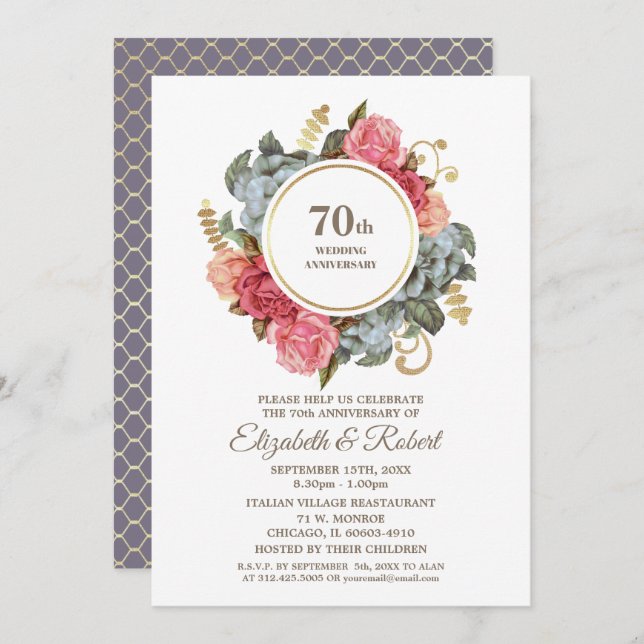 Invitation Fête du 70e Anniversaire de Mariage Floral (Devant / Derrière)