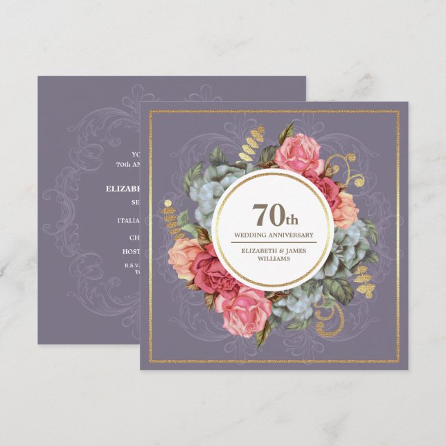 Invitation Fête du 70e Anniversaire de Mariage Vintage Floral (Devant / Derrière)