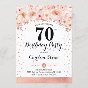 Invitation Fête du 70e anniversaire - Fleurs d'or Roses