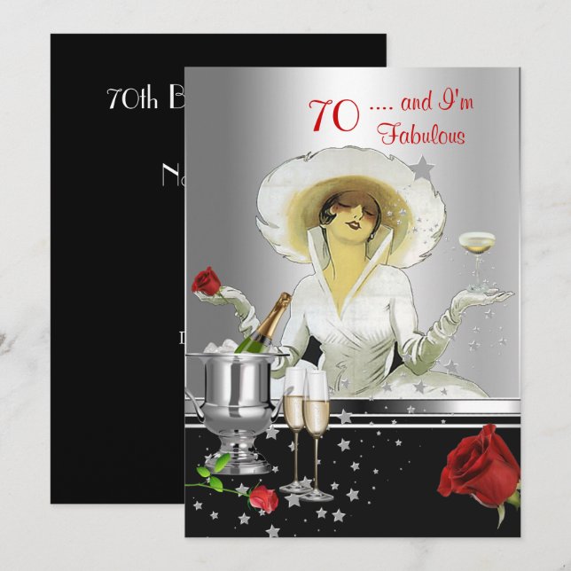 Invitation Fête du 70e anniversaire Rétro Diva Art déco Rouge (Devant / Derrière)