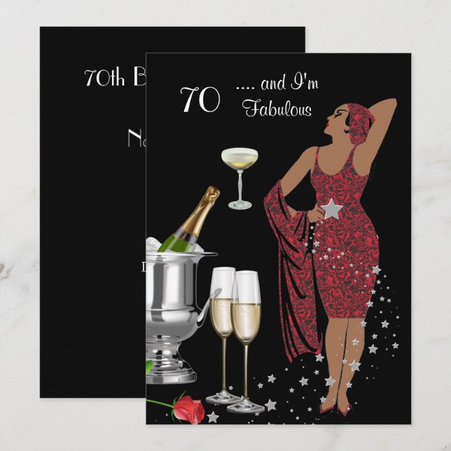 Invitation Fête du 70e anniversaire Rétro Diva Art Déco Rouge (Devant / Derrière)