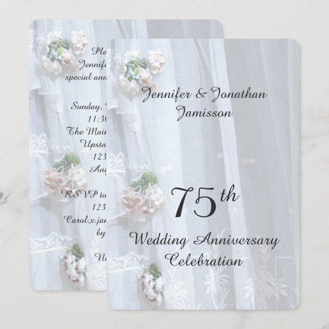 Invitation Fête du 75e anniversaire de mariage, dentelle vint (Devant / Derrière)