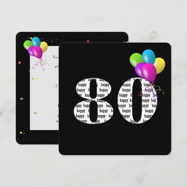 Invitation Fête du 80e anniversaire avec bouquet de ballons (Devant / Derrière)