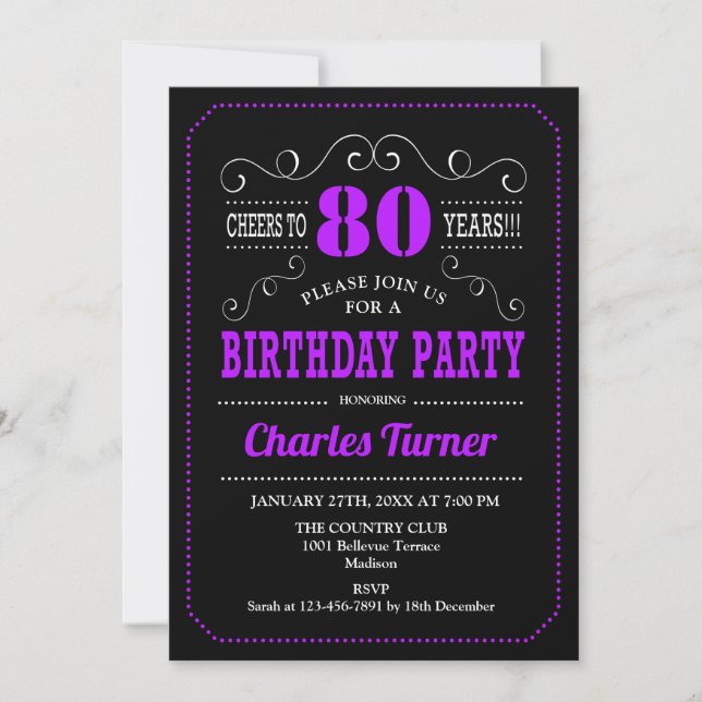 Invitation Fête du 80e anniversaire - Black Purple (Devant)