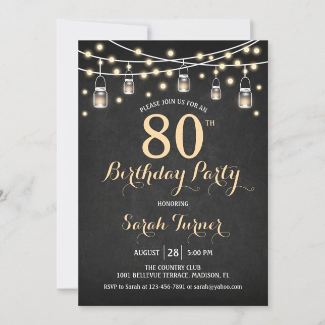Invitation Fête du 80e anniversaire - Chalkboard Gold (Devant)