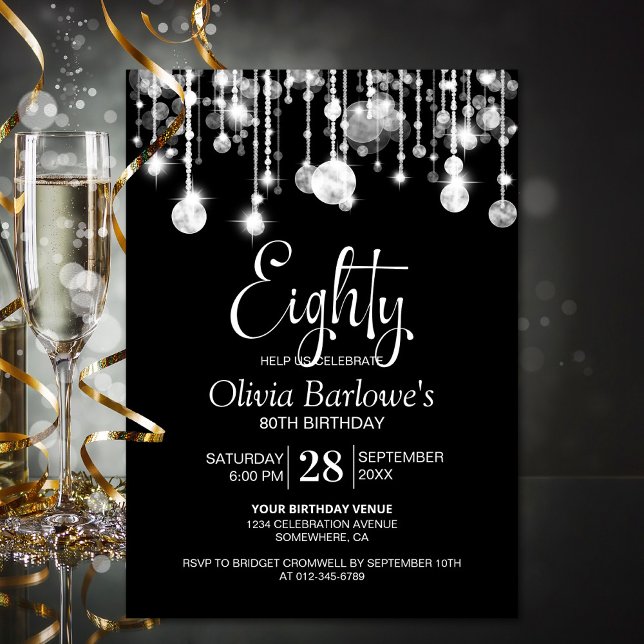 Invitation Fête du 80e anniversaire de l'élégant Black White (Créateur téléchargé)