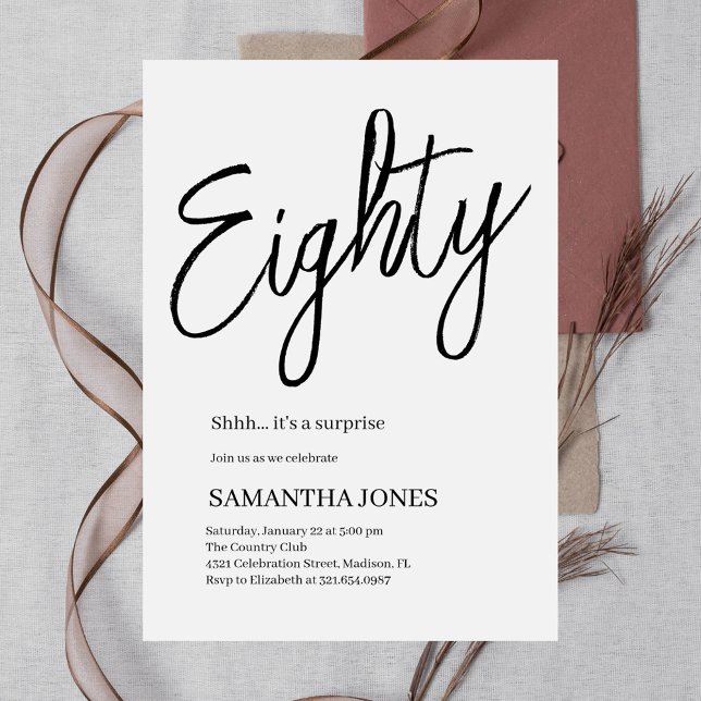 Invitation Fête du 80e anniversaire moderne blanc et noir (Créateur téléchargé)