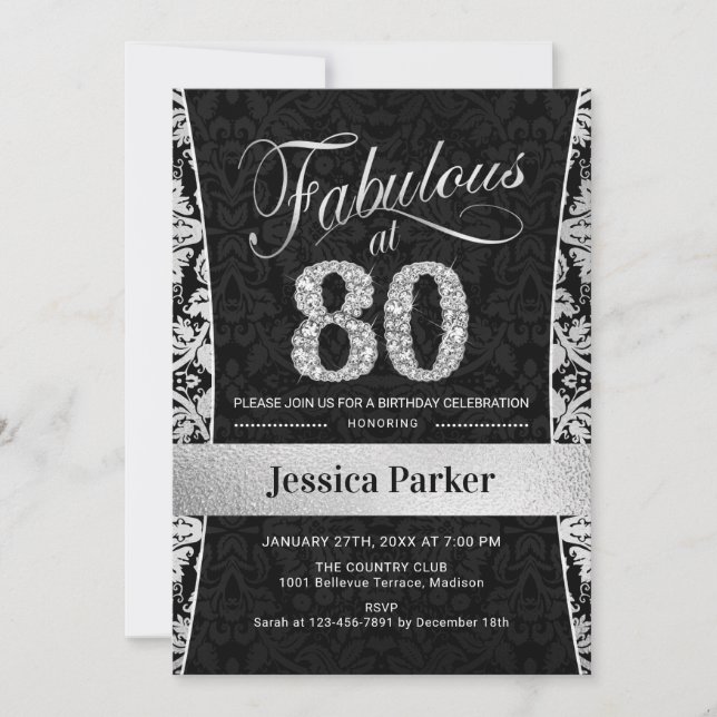 Invitation Fête du 80e anniversaire - Noir d'argent (Devant)