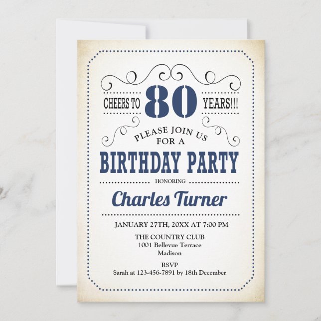 Invitation Fête du 80e anniversaire - Retro Creamy White et N (Devant)