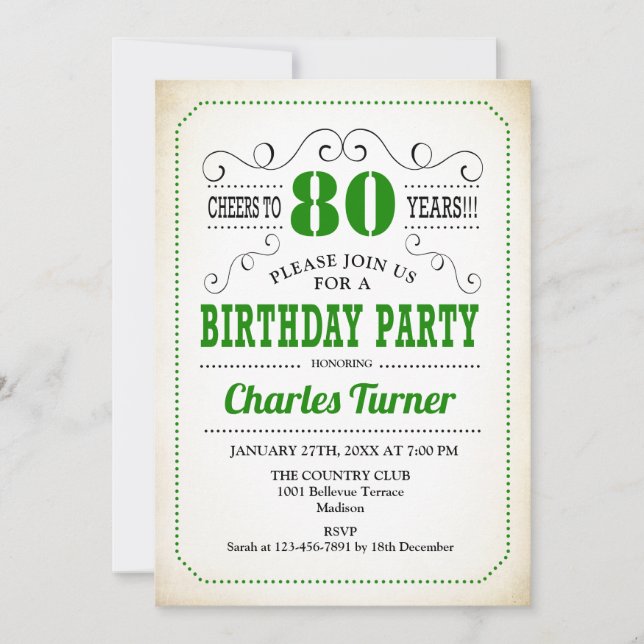 Invitation Fête du 80e anniversaire - Retro Crémeux Blanc et  (Devant)
