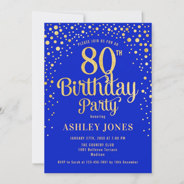Invitation Fête du 80e anniversaire - Royal Blue & Gold (Devant)