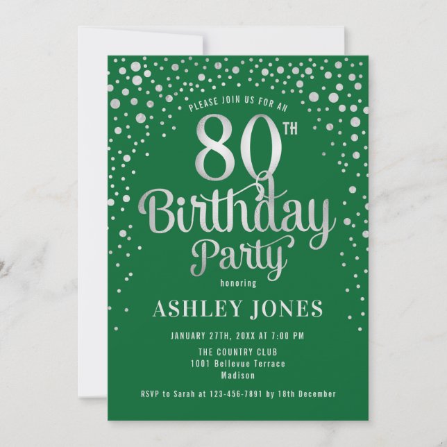 Invitation Fête du 80e anniversaire - Vert & Argent (Devant)