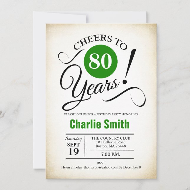 Invitation Fête du 80e anniversaire - Vert noir blanc (Devant)