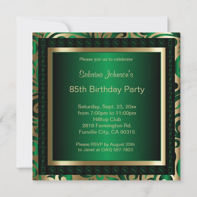 Invitation Fête du 85e anniversaire | Métal vert et or (Dos)
