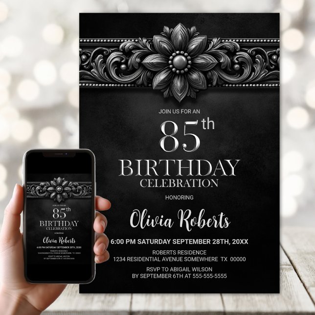 Invitation Fête du 85e anniversaire Silver Flower Black (Créateur téléchargé)
