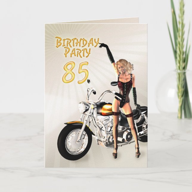 Invitation Fête du 85ème anniversaire avec une fille et moto (Devant)
