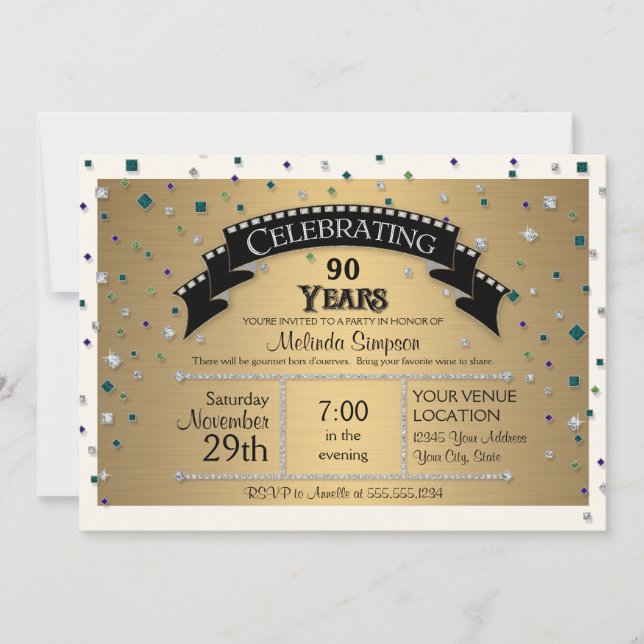 Invitation Fête du 90e anniversaire Faux Jewel Confetti (Devant)