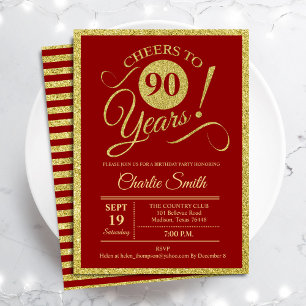 Invitation Fête du 90e anniversaire - Gold Red ANY AGE