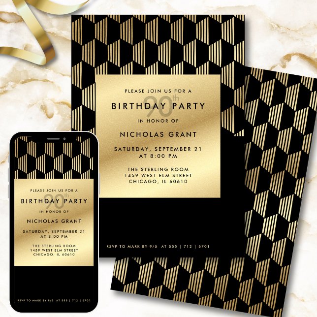 Invitation Fête du 90e anniversaire Moderne Noir et Or Feuill (Créateur téléchargé)