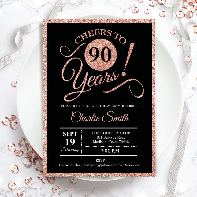Invitation Fête du 90e anniversaire - Rose Gold Black ANY AGE (Créateur téléchargé)