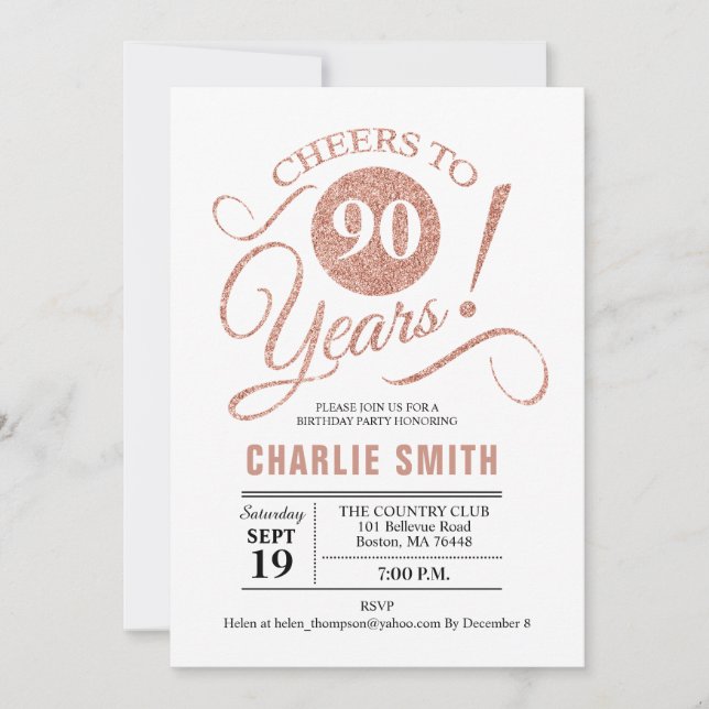 Invitation Fête du 90e anniversaire - Rose Gold White (Devant)