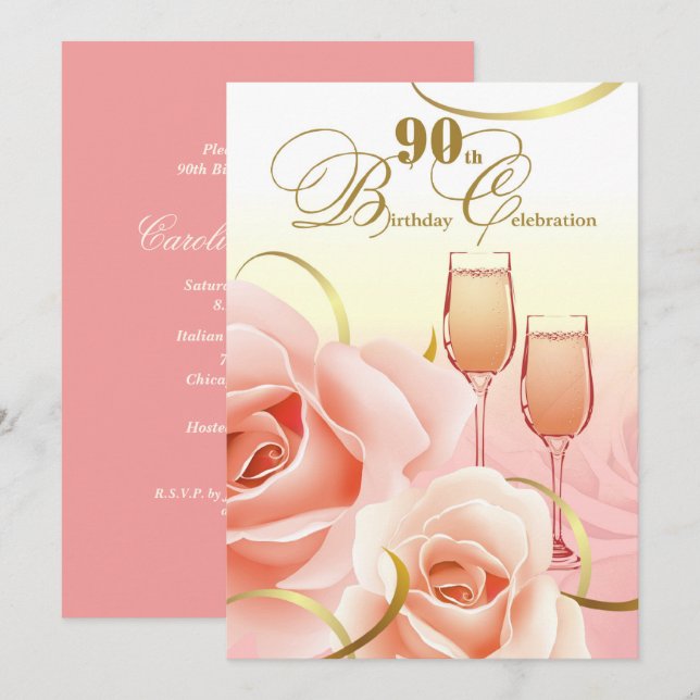 Invitation Fête du 90e anniversaire. Roses rose (Devant / Derrière)