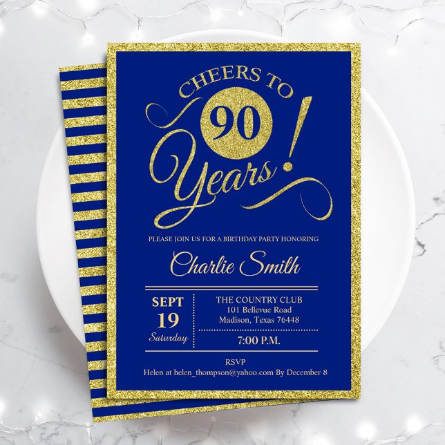 Invitation Fête du 90e anniversaire - TOUT AGE Royal Blue Gol (Créateur téléchargé)