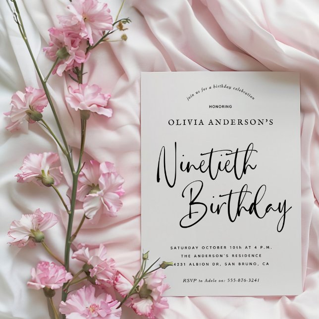 Invitation Fête du 90e anniversaire | Typographie noir et bla (Créateur téléchargé)