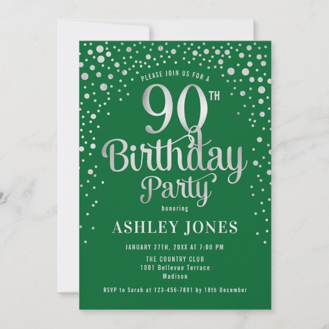 Invitation Fête du 90e anniversaire - Vert & Argent (Devant)