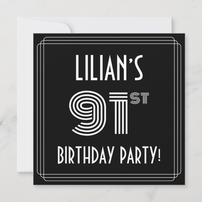 Invitation Fête du 91e anniversaire : Style Art Déco avec nom (Devant)