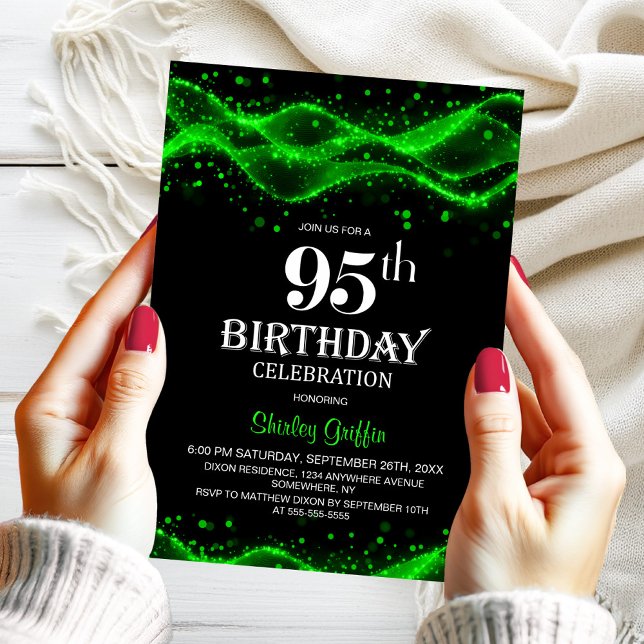Invitation Fête du 95e anniversaire moderne, noir et vert (Créateur téléchargé)