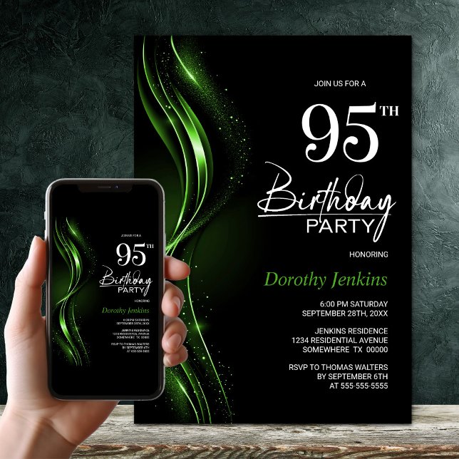 Invitation Fête du 95e anniversaire, noir et vert élégant (Créateur téléchargé)