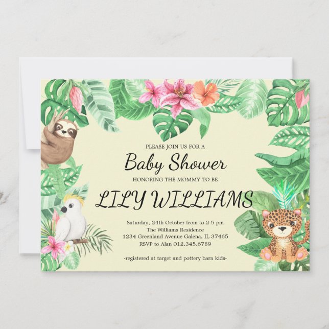 Invitation Fête du baby shower de la jungle tropicale (Devant)