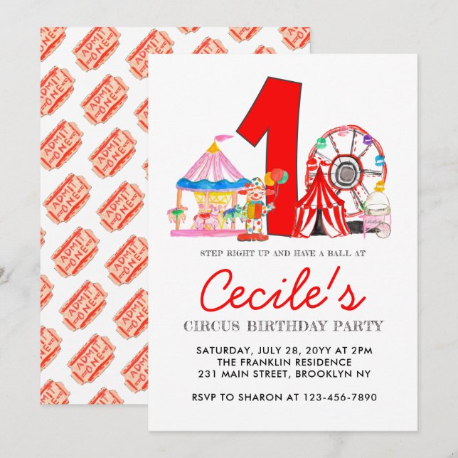 Invitation Fête du Carnaval Cirque Foire Enfant 1er anniversa (Devant / Derrière)