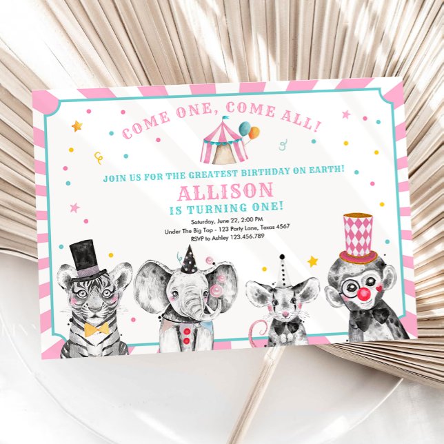 Invitation Fête du cirque Animaux Fête du carnaval Premier an (Créateur téléchargé)