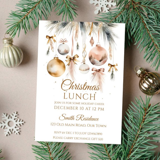 Invitation Fête du déjeuner de Noël aquarelle de boho de neig (Boho Christmas lunch template invitation instant download snowy fir trees gold brown baubles bows)