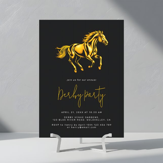 Invitation Fête du Derby de chevaux Élégant Noir et Or (Créateur téléchargé)