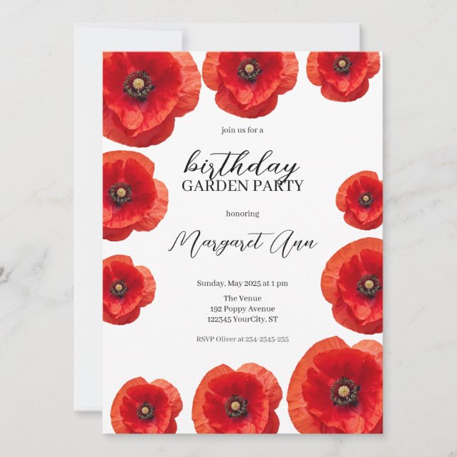 Invitation Fête du Jardin d'Anniversaire du Poppy Rouge moder (Devant)
