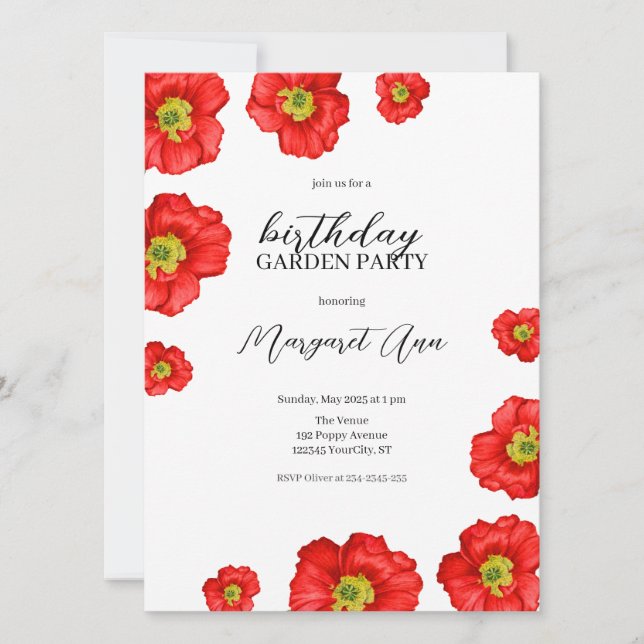 Invitation Fête du Jardin d'Anniversaire du Poppy Rouge moder (Devant)