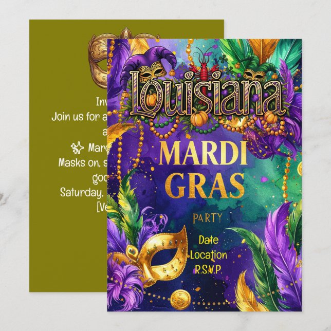 Invitation Fête du Mardi Gras – Louisiane (Devant / Derrière)